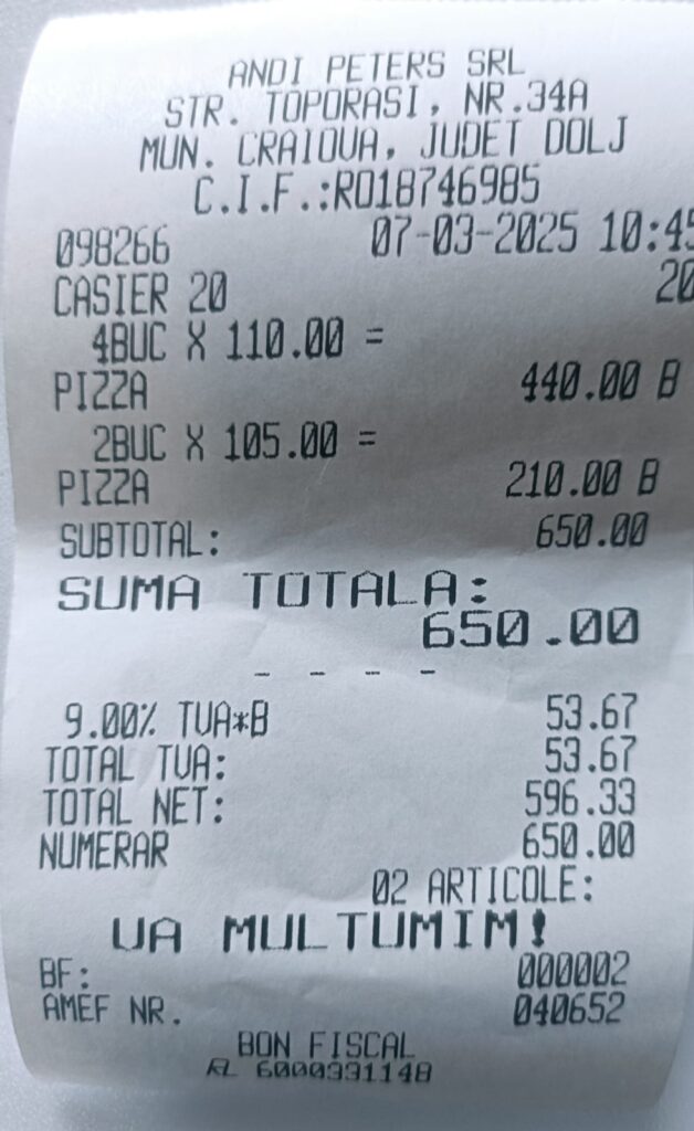 Bon fiscal Pizza Peter Craiova