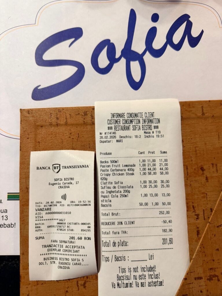 Bon fiscal Restaurant Craiova