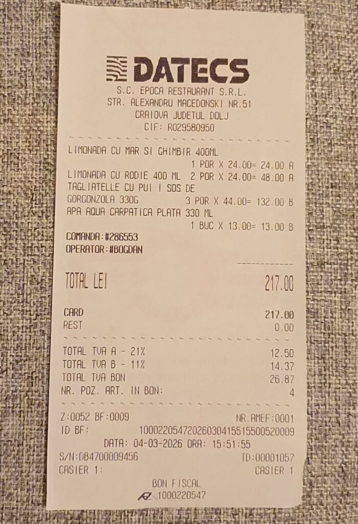 Bon fiscal 3 limonade, o apa plata si 3 paste Epoca